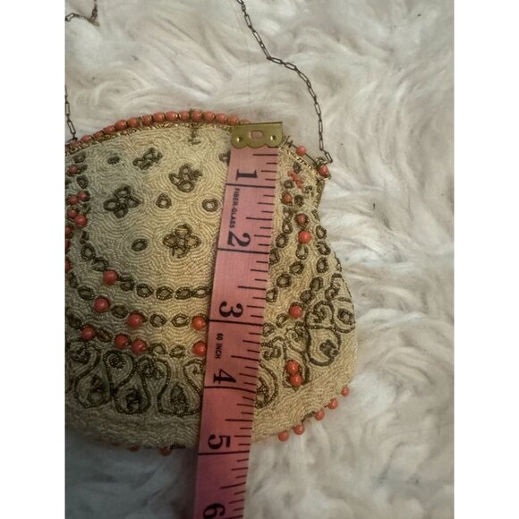 Vintage Beaded Purse Ivory Seed Bead and Coral Colored Accent Metal Chain
